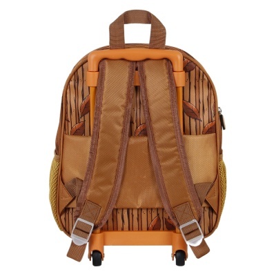 Mochila de rodinhas castanha com padrão listrado e alças acolchoadas