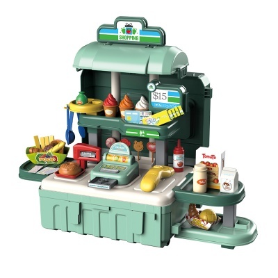 Brinquedo de supermercado com alimentos e caixa registadora