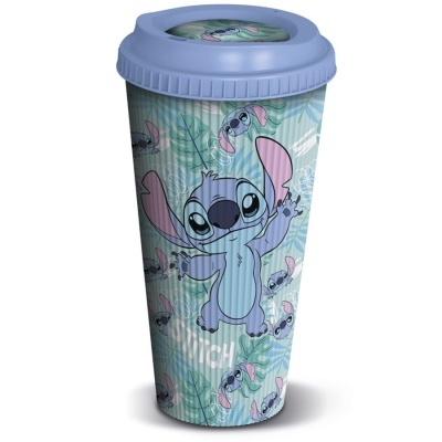 Copo de viagem azul com personagem Stitch, padrão de folhas e tampa azul