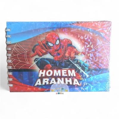 Caderno espiral vermelho e azul com imagem do Homem-Aranha e texto 'HOMEM ARANHA'