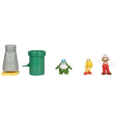 Cinco figuras de personagens Super Mario em fundo branco