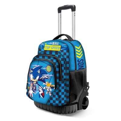 Mala de rodinhas infantil azul com personagens Sonic e Tails e estampa xadrez preta