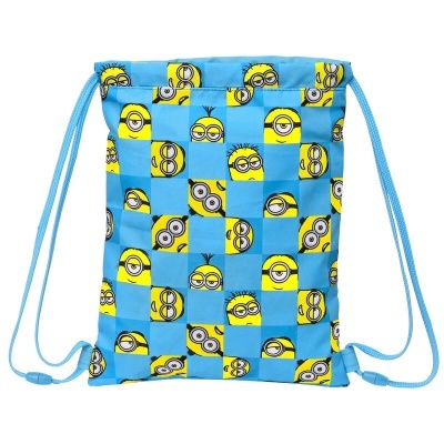 Mochila saco azul com padrão de Minions em quadrados