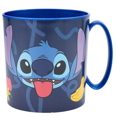 Caneca azul com personagem Stitch, flores e banana