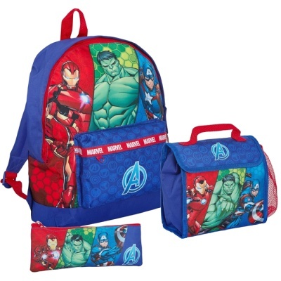 Conjunto de mochila, bolsa e estojo dos Vingadores azul com personagens e logo