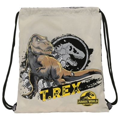 Mochila saco cinzenta com ilustração T. Rex e texto Jurassic World