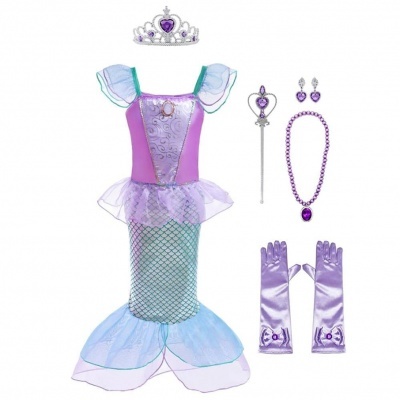 Fantasia de sereia lilás e azul com acessórios roxos