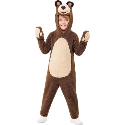 Criança com fato de ursinho castanho e bege felpudo com capuz e luvas