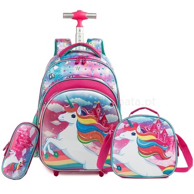 Conjunto escolar com mochila de rodas, lancheira e estojo com unicórnio colorido