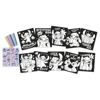 Painéis para colorir com personagens Stitch e Angel, canetas coloridas e adesivo.