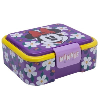 Caixa de lanche roxa com flores e rosto da Minnie, fecho lilás com texto MINNIE