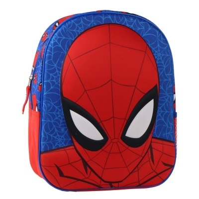 Mochila infantil Homem-Aranha vermelha e azul com rosto e padrão de teias