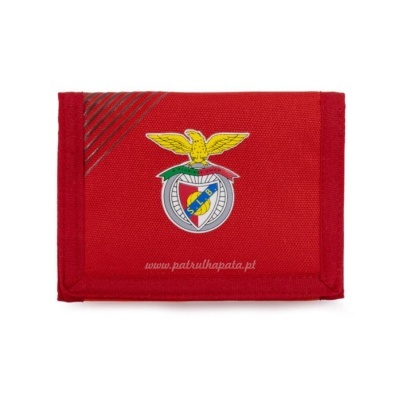 Carteira vermelha em tecido com emblema colorido e texto www.patrulhapata.pt