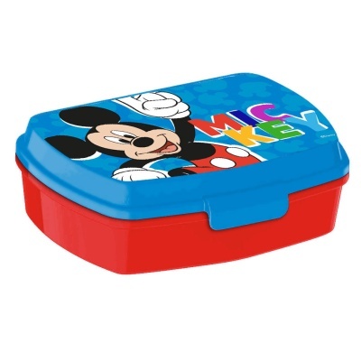 Caixa de lanche vermelha com tampa azul e imagem do Mickey Mouse