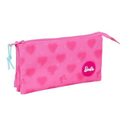 Estojo escolar cor de rosa com padrão de corações e etiqueta Barbie