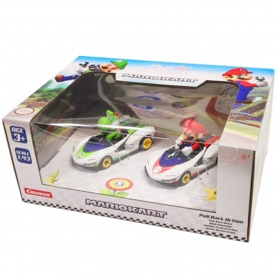 Caixa de brinquedo com dois carros de corrida das personagens Mario e Yoshi
