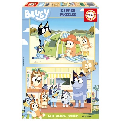 Caixa de 2 puzzles de madeira Bluey com ilustrações de personagens em dois cenários distintos.