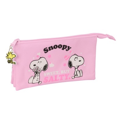 Estojo escolar rosa com desenho do Snoopy e Woodstock e texto SWEET, BUT SALTY.