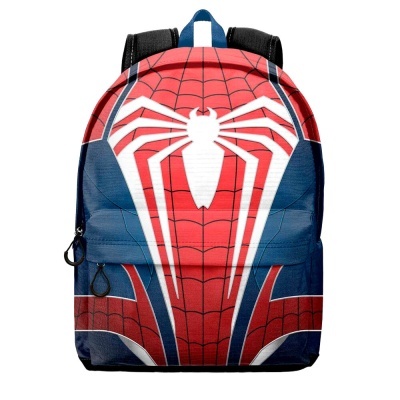 Mochila Homem-Aranha com padrão de teia e símbolo branco
