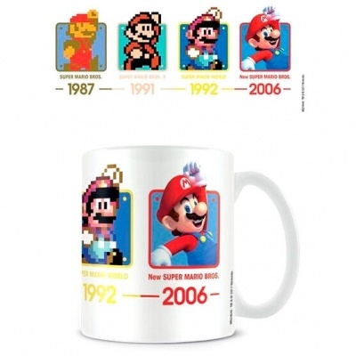 Caneca branca com imagens de Super Mario e anos 1987, 1991, 1992, 2006 em amarelo e vermelho