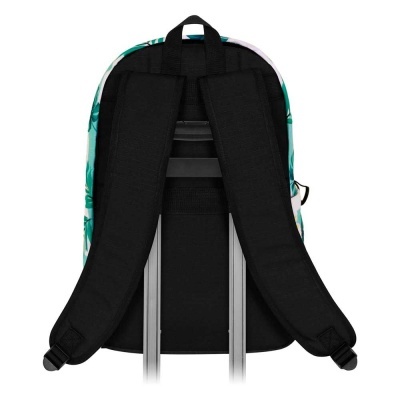 Mochila com alças pretas largas e padrão floral verde nas laterais