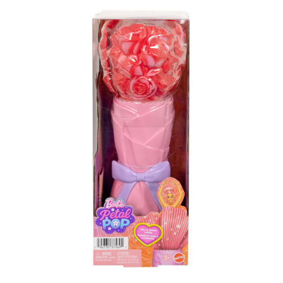 Brinquedo Barbie Petal Pop rosa e vermelho em embalagem com texto