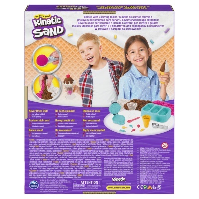 Embalagem do kit Kinetic Sand com crianças, areia colorida e moldes