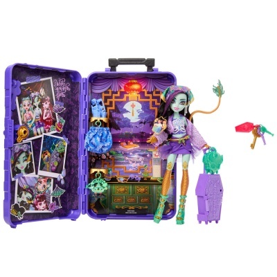 Boneca Monster High com mala roxa e acessórios coloridos