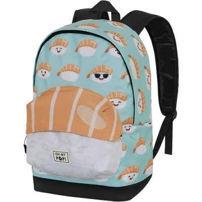 Mochila azul clara com padrão de sushis e bolso frontal em forma de sushi