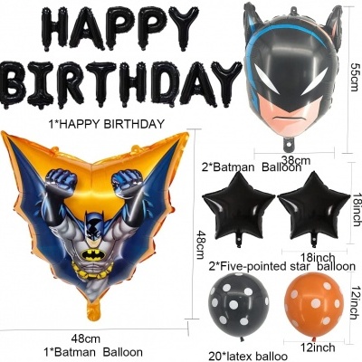 Conjunto de balões de aniversário com tema Batman e cores preto, laranja, azul e amarelo.