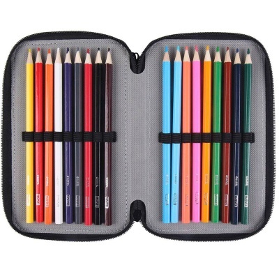 Estojo cinzento aberto com 18 lápis de cor em cores variadas