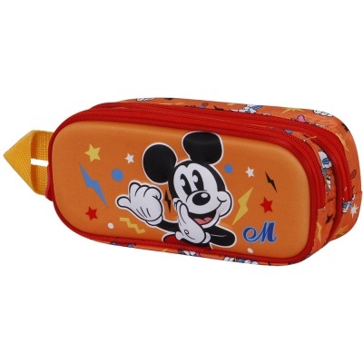 Estojo escolar cor de laranja com Mickey Mouse e padrão colorido