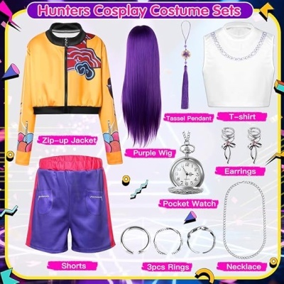 Conjunto de cosplay com várias peças coloridas incluindo casaco amarelo e peruca roxa