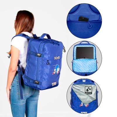 Mochila azul com personagem Sonic, vários compartimentos e bolso impermeável