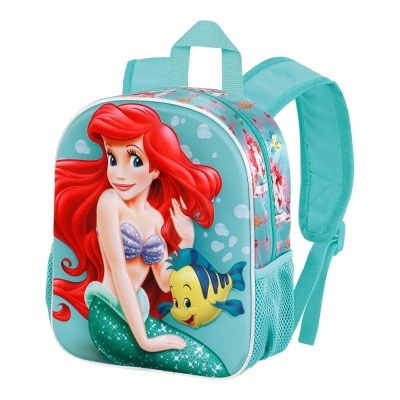 Mochila infantil turquesa com a personagem Ariel e o peixe Flounder em estampado frontal