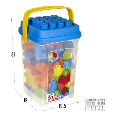 Caixa transparente de plástico com blocos de construção coloridos, tampa azul e pega amarela