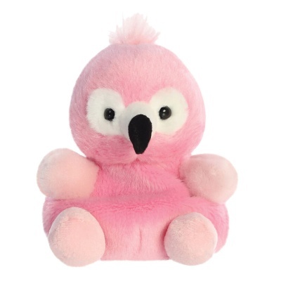 Pelúcia de flamingo cor-de-rosa com bico preto e olhos brilhantes
