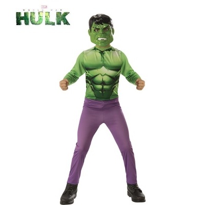 Fantasia infantil do Hulk com máscara verde, camisa musculada verde e calças roxas