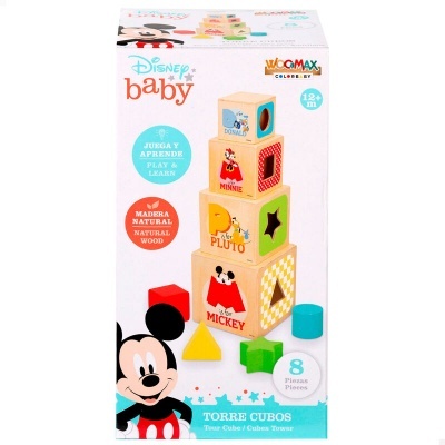 Torre de cubos de madeira da Disney Baby com personagens e formas coloridas