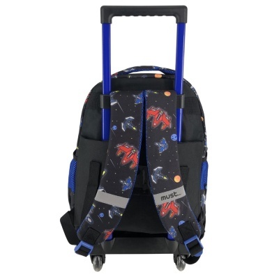 Mochila com rodinhas, padrão cósmico e alça extensível azul