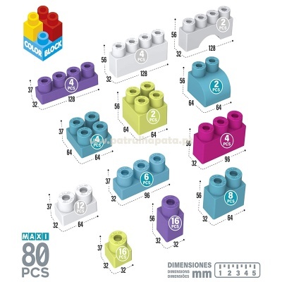 Blocos de construção coloridos de plástico com várias formas e dimensões, com textos indicando quantidades e medidas em mm.