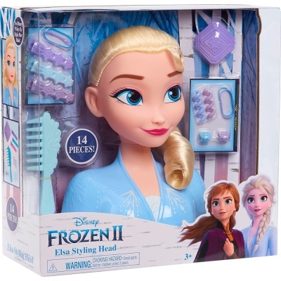 Cabeça de boneca Elsa Frozen II com acessórios para cabelo em embalagem