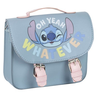 Mochila azul claro com estampa Stitch e texto OH YEAH WHATEVER