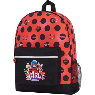Mochila vermelha e preta com padrão de bolas e desenhos Ladybug