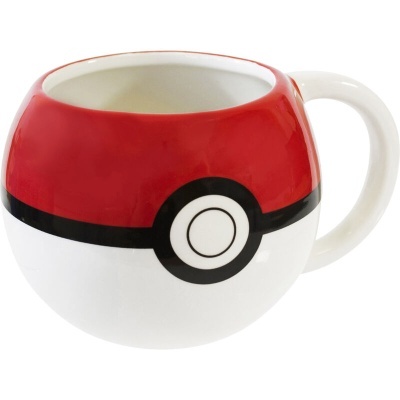 Caneca em cerâmica com padrão inspirado numa Poké Bola com cores vermelha, branca e preta
