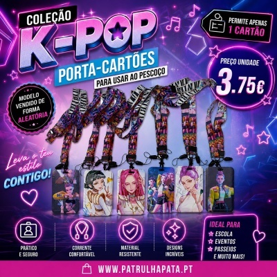 Porta-cartões K-POP com correias estampadas e desenhos de personagens, preço 3,75€.