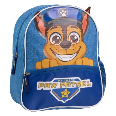 Mochila azul infantil com personagem Chase da Paw Patrol impresso no bolso frontal