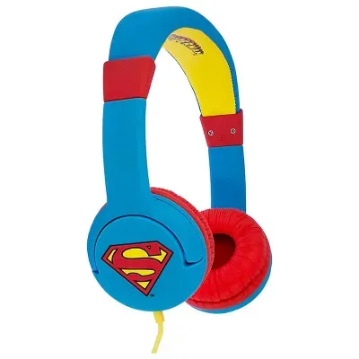 Auriculares azuis com símbolo Superman e almofadas vermelhas