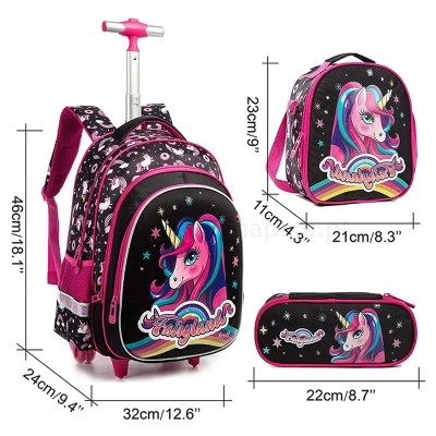 Conjunto escolar de mochila de rodinhas, mochila e estojo com estampa de unicórnio cor-de-rosa e preto