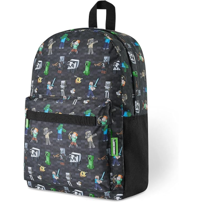 Mochila preta com personagens do Minecraft coloridos estampados